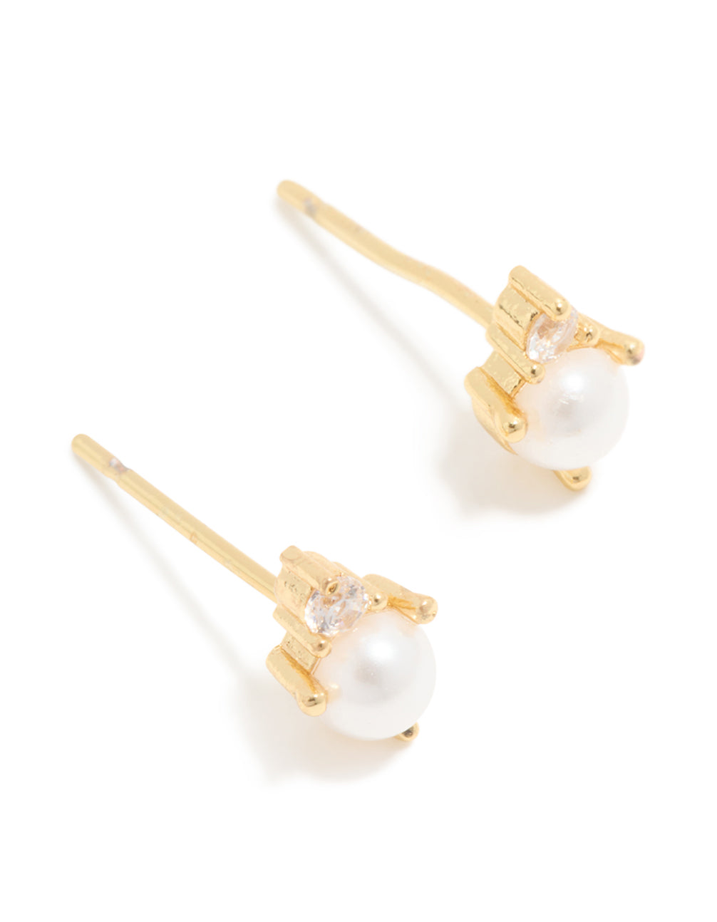 Showcasing waterproof gold plated stainless steel June cubic zirconia duo stud earrings with pearl accents front view