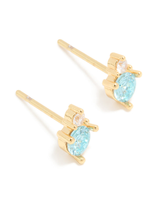 Waterproof Gold Plated Stainless Steel March Birthstone Cubic Zirconia Duo Stud Earrings