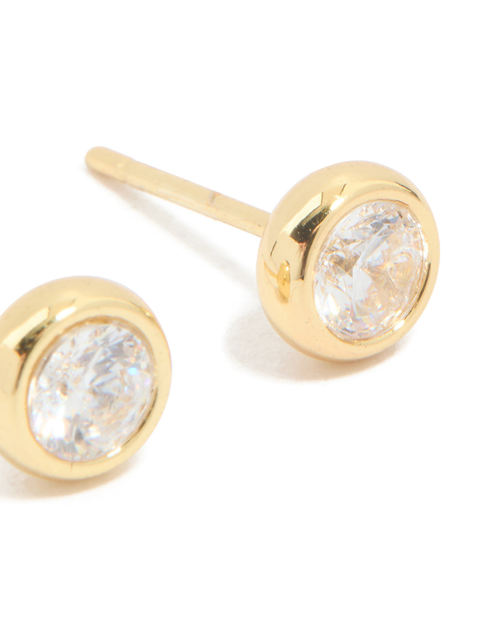 Discover waterproof gold plated stainless steel bezel set stud earrings featuring round cut cubic zirconia post detail view