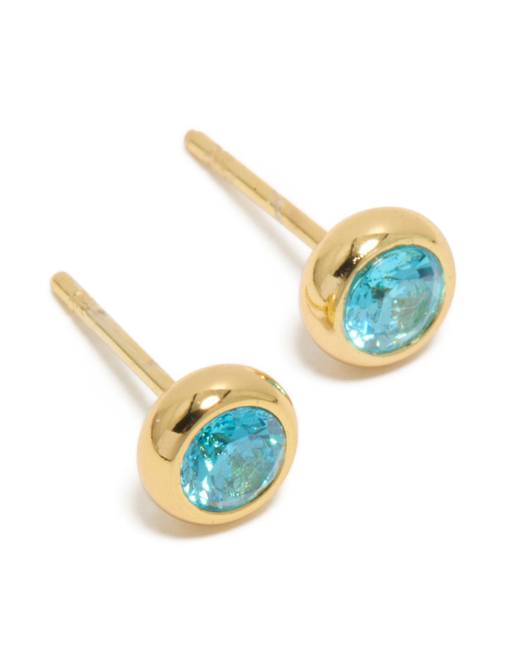 Featuring waterproof gold plated stainless steel aquamarine cubic zirconia March birthstone bezel set stud earrings front view