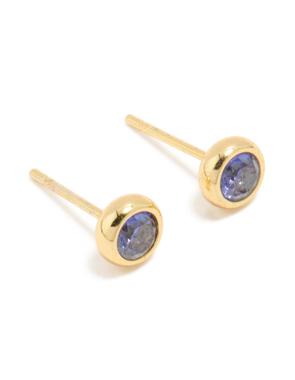 Waterproof Gold Plated Stainless Steel Tanzanite Cubic Zirconia December Birthstone Bezel Earrings
