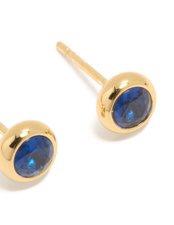 Waterproof Gold Plated Stainless Steel Sapphire Cubic Zirconia September Birthstone Bezel Set Stud Earrings