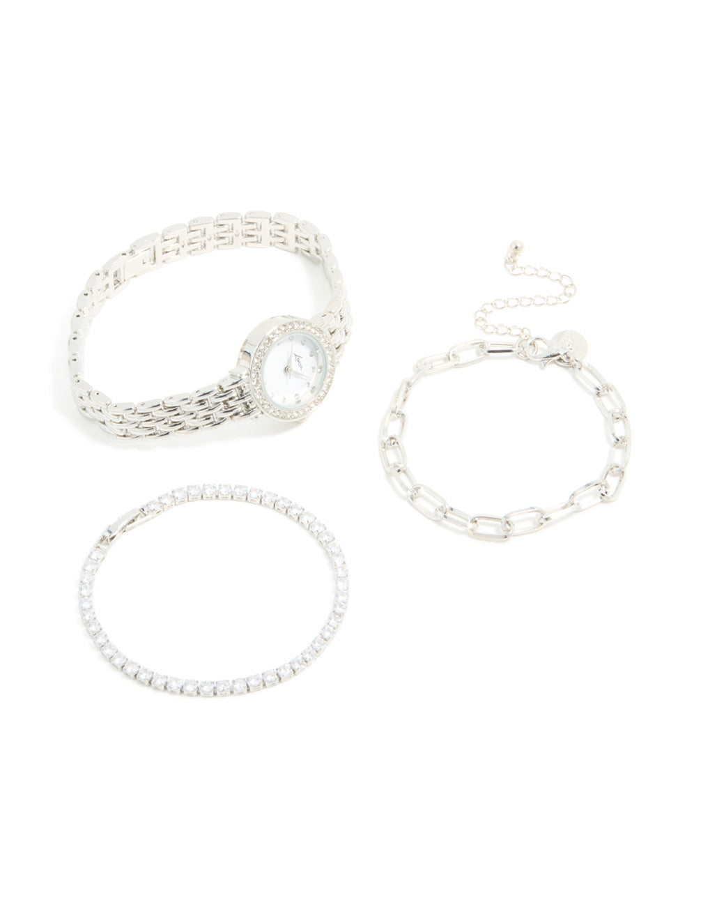 Crafted from silver accents, this watch and diamante chain bracelets set is shown in front view