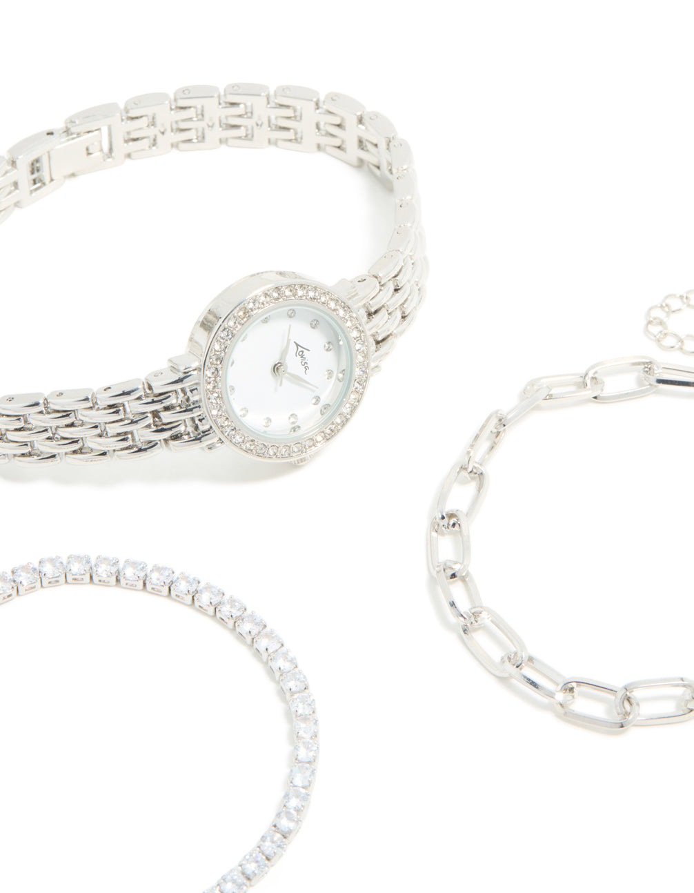 Designed with silver watch and diamante chain bracelets set is captured in close up view