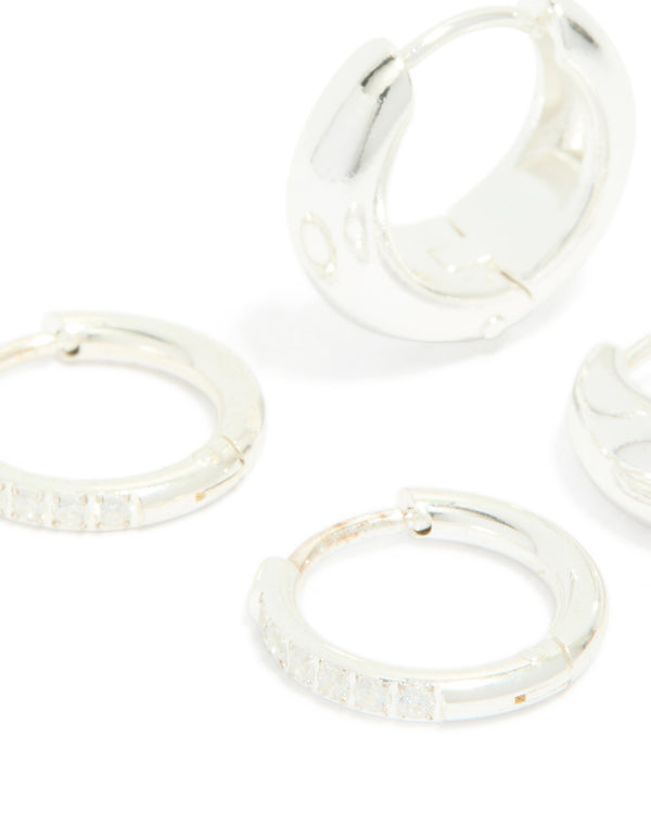 Waterproof Stainless Steel Cubic Zirconia & Chubby Huggie Earrings 2-Pack