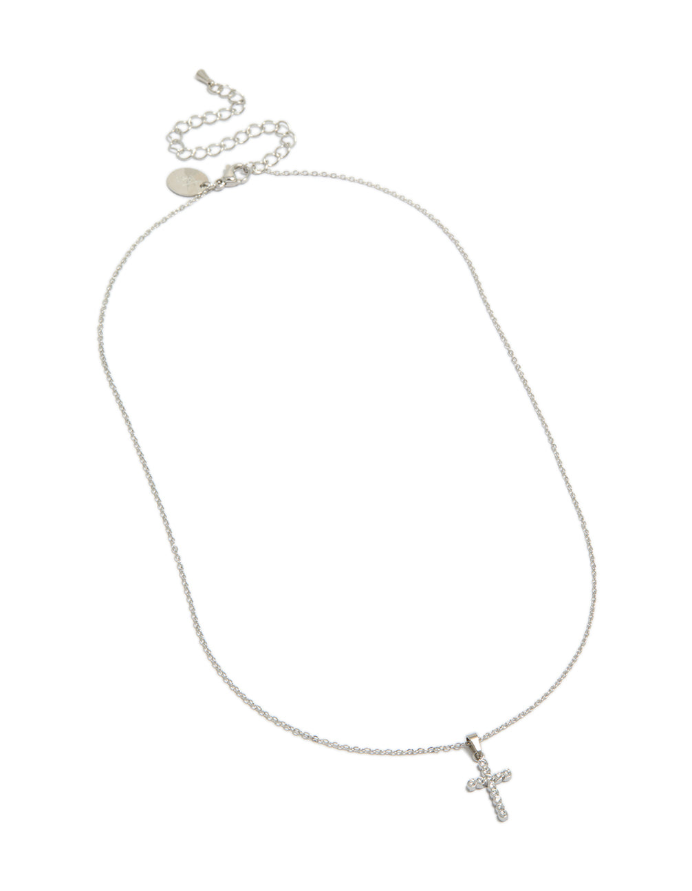 Showcasing a waterproof stainless steel cubic zirconia cross pendant fine necklace front view