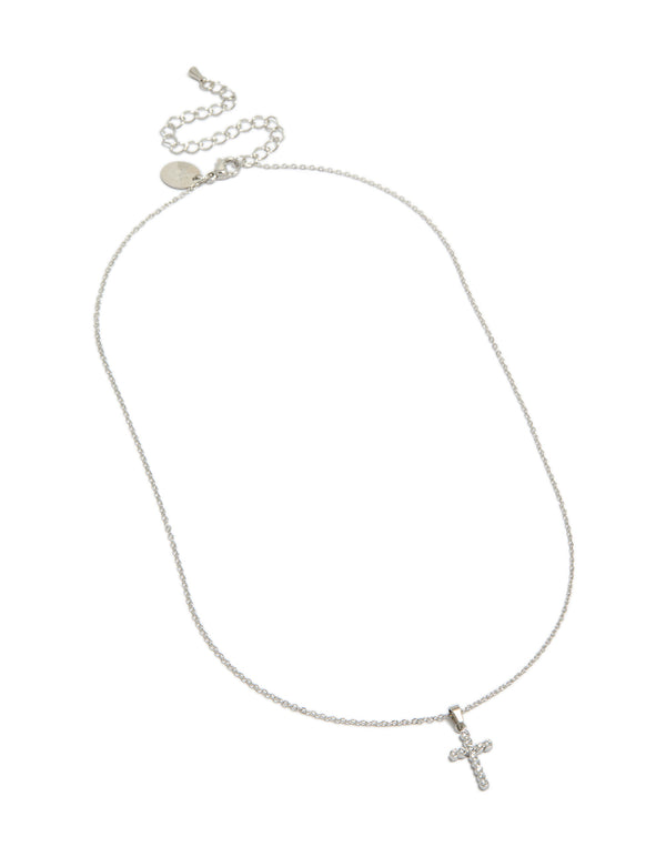 Showcasing a waterproof stainless steel cubic zirconia cross pendant fine necklace front view