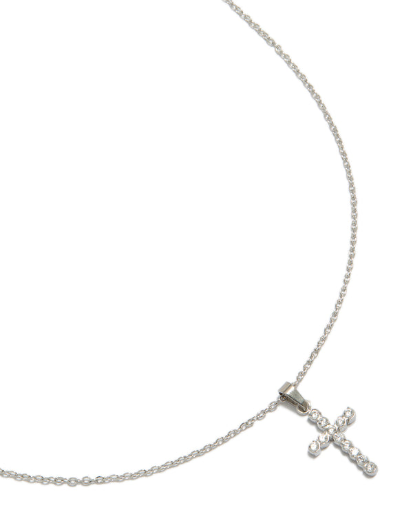 Featuring a waterproof stainless steel cubic zirconia cross pendant fine necklace close up view