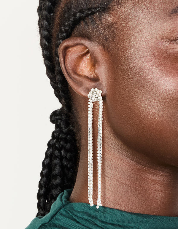 Silver Diamante Knotted Tassel Drop Earrings