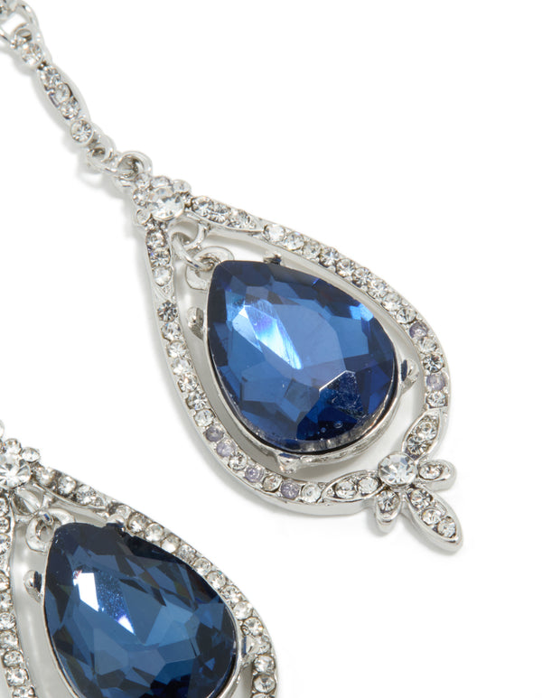 Silver Blue Diamante Pear Glitzy Drop Earrings