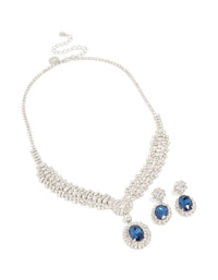 Silver Blue Diamante V-Shaped Pendant Necklace & Earrings Set - link has visual effect only