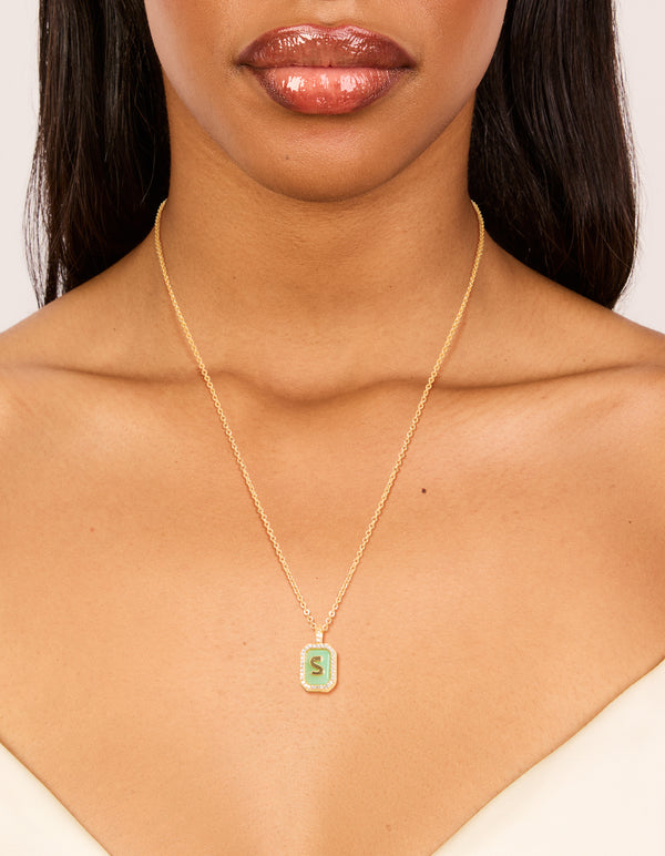 Gold Plated Brass Cubic Zirconia Letter S Tag Necklace