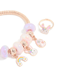 Kids Rose Gold Bunny Easter Egg Charm Bracelet & Ring Set - link has visual effect only