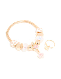 Kids Gold Flower Easter Bunny Charm Bracelet & Ring Set - link has visual effect only