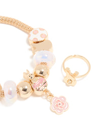 Kids Gold Flower Easter Bunny Charm Bracelet & Ring Set - link has visual effect only