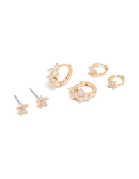 Gold Cubic Zirconia Flower Huggie & Stud Earrings 3-Pack - link has visual effect only