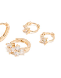 Gold Cubic Zirconia Flower Huggie & Stud Earrings 3-Pack - link has visual effect only