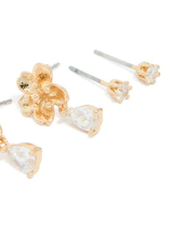 Gold Cubic Zirconia Flower & Petal Earrings 3-Pack - link has visual effect only