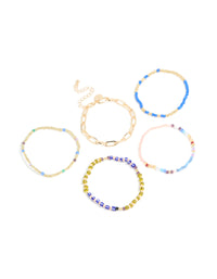 Gold Large Chain & Blue Beaded Bracelets 5-Pack - link has visual effect only