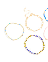 Gold Large Chain & Blue Beaded Bracelets 5-Pack - link has visual effect only