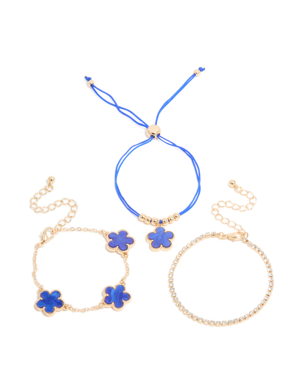 Gold Cubic Zirconia Tennis & Dark Blue Cord Flower Bracelet 3-Pack