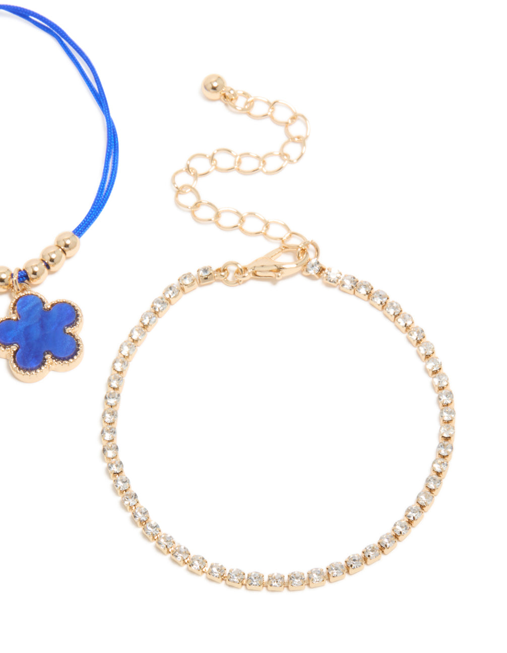 Gold Cubic Zirconia Tennis & Dark Blue Cord Flower Bracelet 3-Pack
