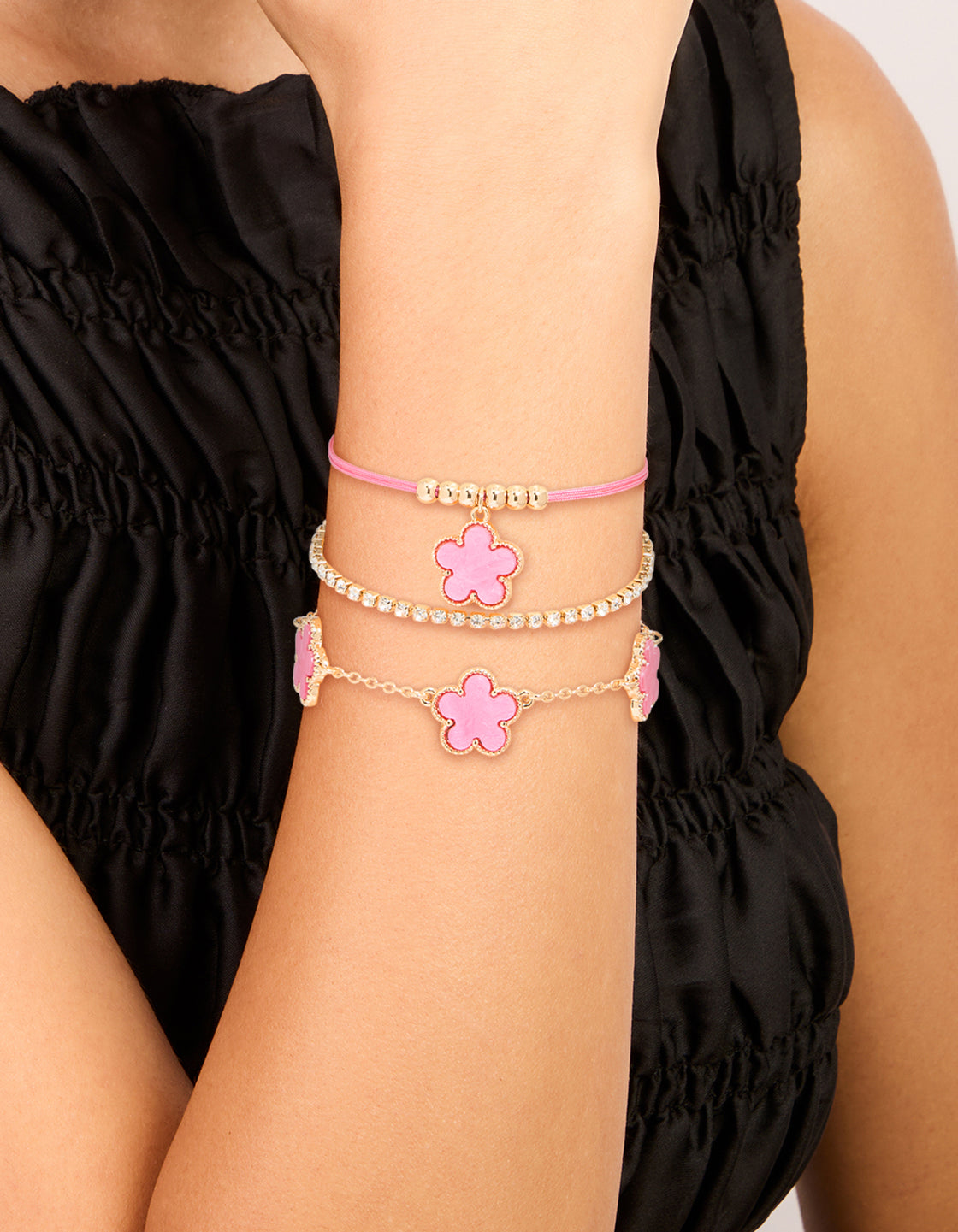 Gold Tennis & Pink Cord Flower Bracelets 3-Pack