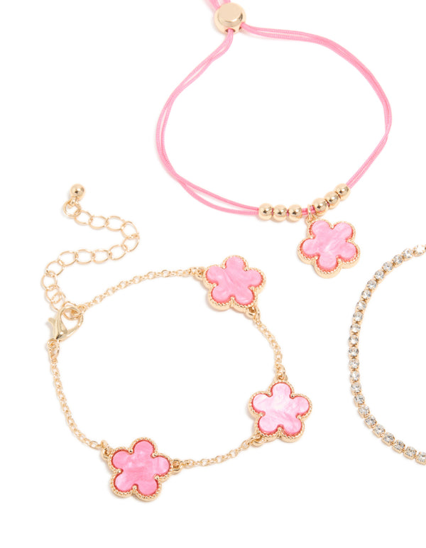 Gold Tennis & Pink Cord Flower Bracelets 3-Pack