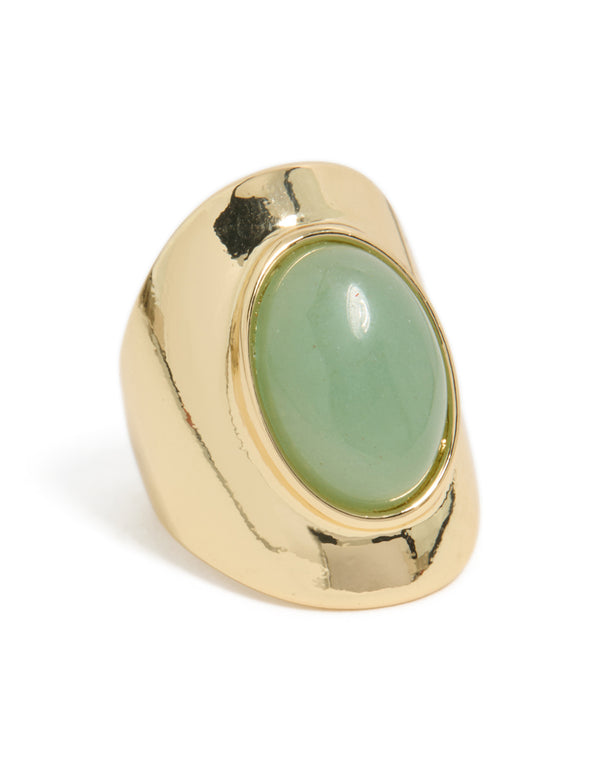 Gold Plated Oval Green Semi Precious Stone Ring