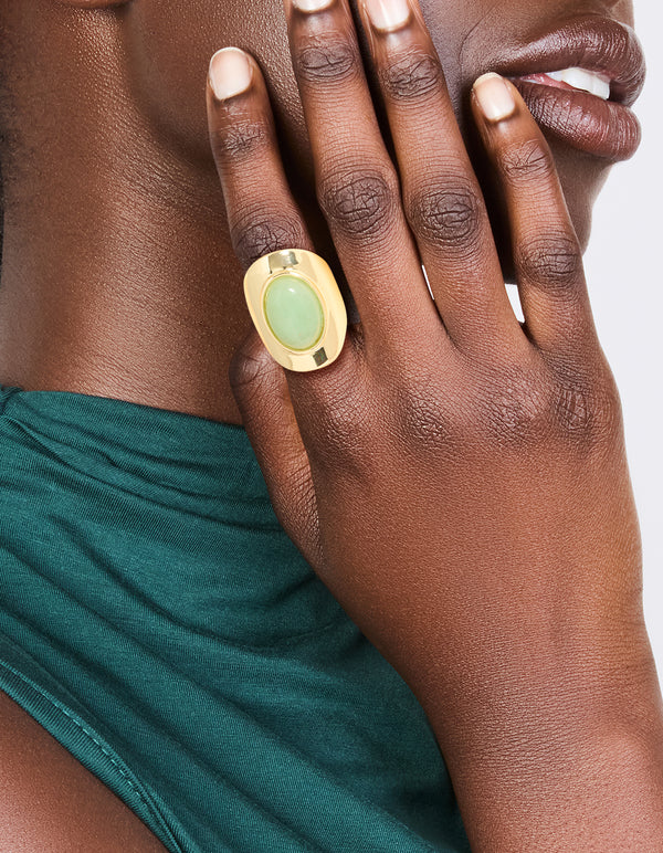 Gold Plated Oval Green Semi Precious Stone Ring