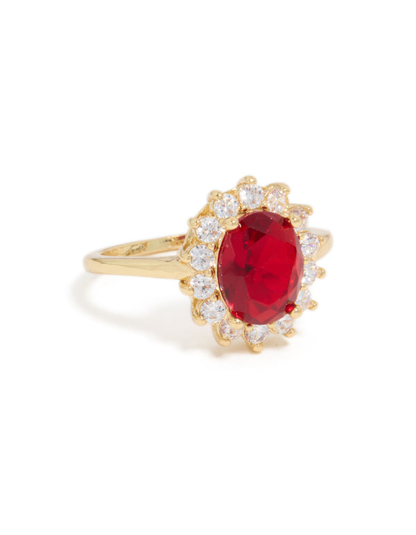 Gold Plated Oval Red Cubic Zirconia Ring