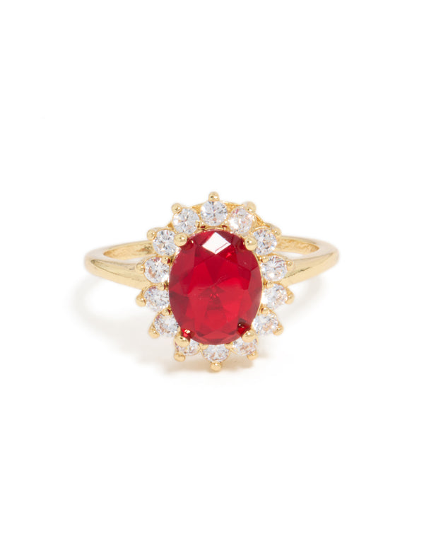 Gold Plated Oval Red Cubic Zirconia Ring