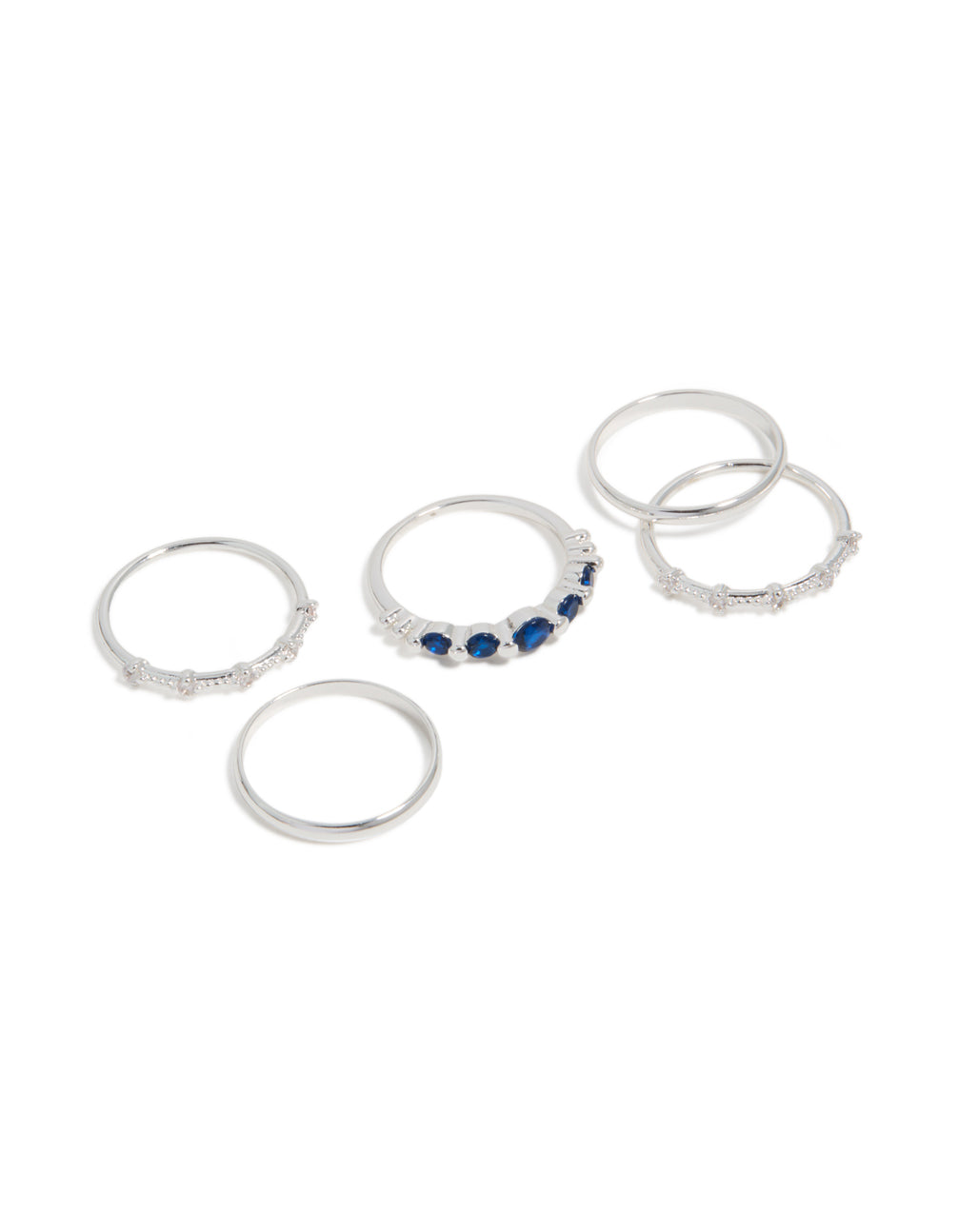 Beautifully crafted silver plated dainty cubic zirconia stacking rings 5-pack featuring navy and clear stone accents front view