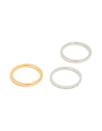 Showcasing waterproof mixed plated thin stacking rings in a 3-pack featuring cubic zirconia, crafted from stainless steel with silver, gold, and white tones front view - link has visual effect only