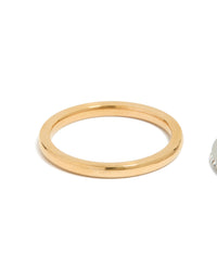 Detailed view of waterproof mixed plated thin stacking ring with cubic zirconia accents, made from stainless steel in gold tone side detail view - link has visual effect only