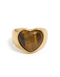 Displaying waterproof gold plated stainless steel tigers eye stone heart ring with statement design close up view - link has visual effect only