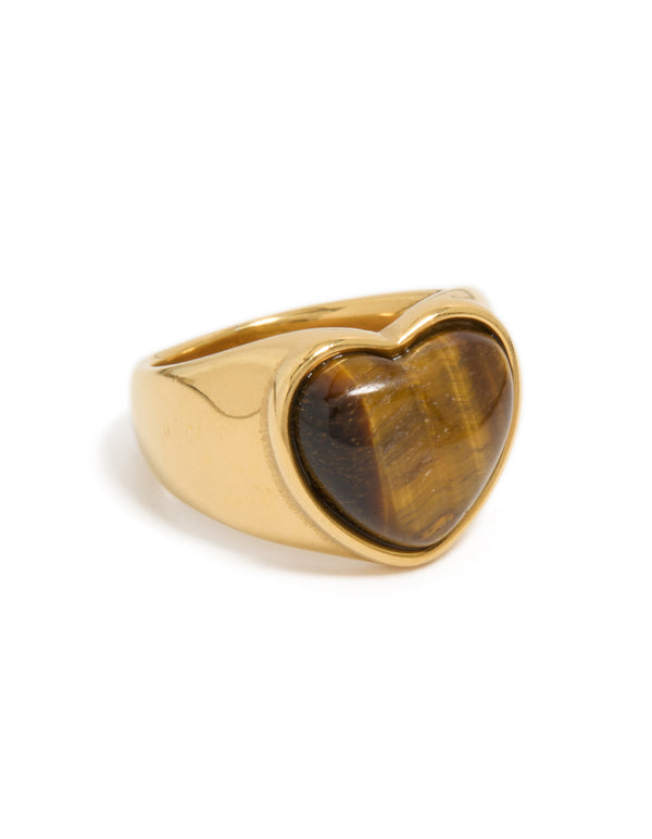Featuring a heart-shaped tigers eye stone set in waterproof gold plated stainless steel with statement styling front view