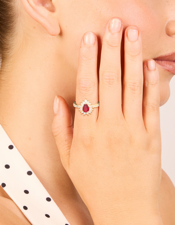 Gold Plated Gleaming Red Cubic Zirconia Pear Ring