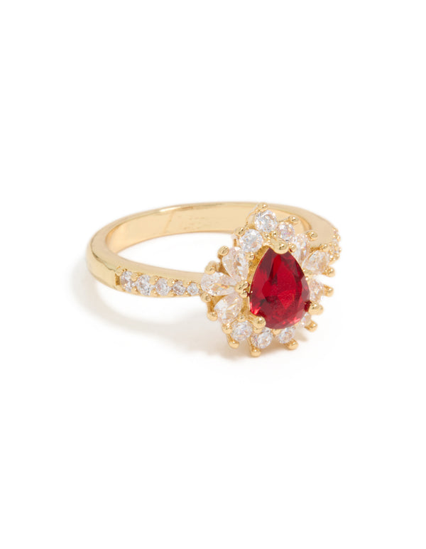 Gold Plated Gleaming Red Cubic Zirconia Pear Ring