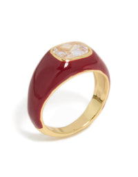 Designed with waterproof gold plated stainless steel red enamel square cubic zirconia ring featuring maroon and clear stone statement style close up view - link has visual effect only