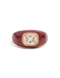 Waterproof gold plated stainless steel red enamel square cubic zirconia ring with maroon and clear stone statement design front view - link has visual effect only