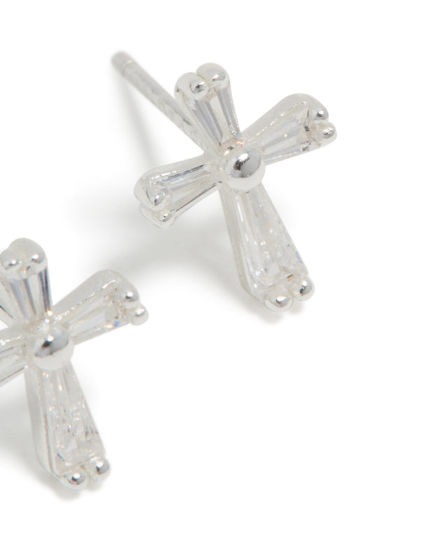 Sterling Silver Cubic Zirconia Cross Stud Earrings
