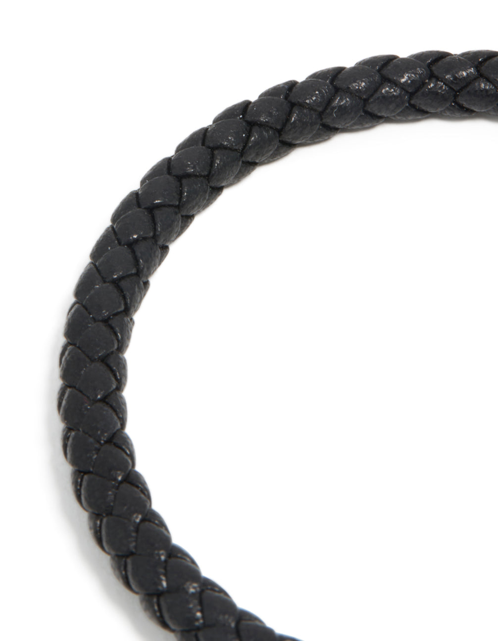 A waterproof stainless steel black PU leather braided chunky link bracelet showcasing intricate texture in close up view