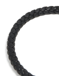 Waterproof Stainless Steel Black PU Leather Braided Chunky Link Bracelet - link has visual effect only