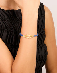 Waterproof Gold Plated Stainless Steel Blue PU Leather Braided Chunky Link Bracelet - link has visual effect only