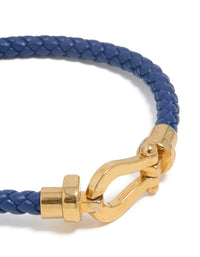 Waterproof Gold Plated Stainless Steel Blue PU Leather Braided Chunky Link Bracelet - link has visual effect only