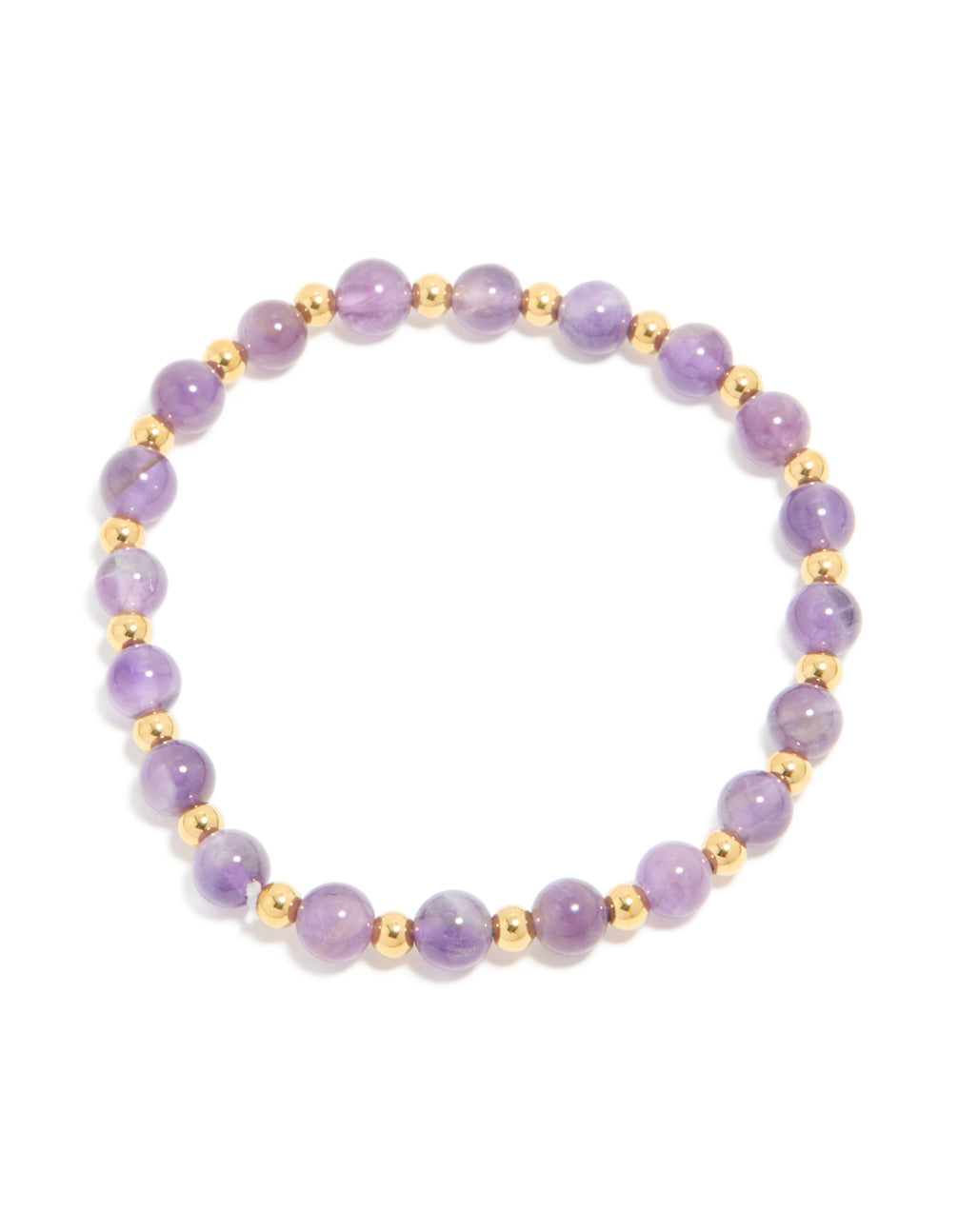 Beautifully crafted waterproof stretch bracelet featuring beaded amethyst semi precious stone with gold plated stainless steel accents front view