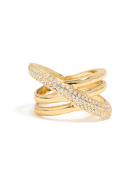 Waterproof Gold Plated Stainless Steel Cubic Zirconia Criss Cross Pave Ring - link has visual effect only