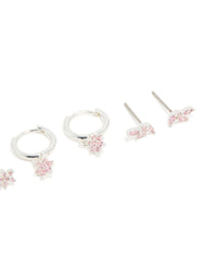 Silver Plated Brass Pink Cubic Zirconia Flower Stud & Hoop Earrings 4-Pack - link has visual effect only