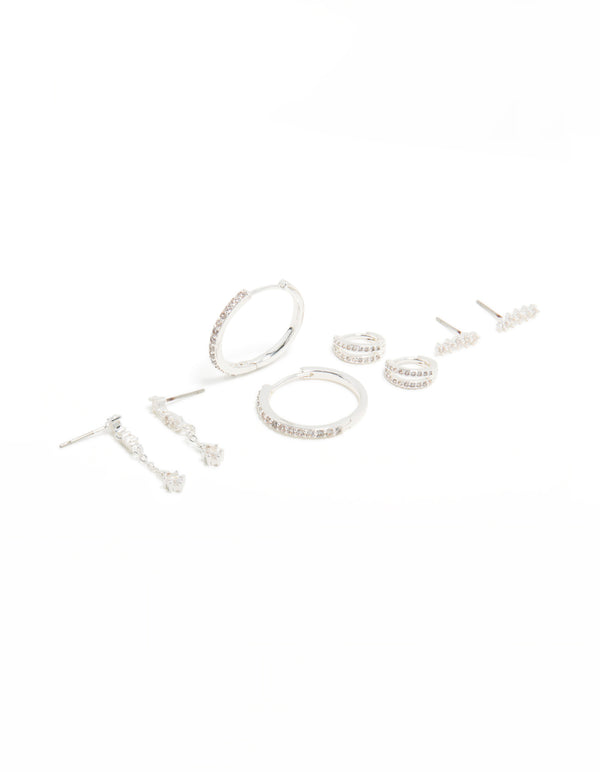 Silver Plated Brass Cubic Zirconia Large Hoop & Cuff Earrings 4-Pack